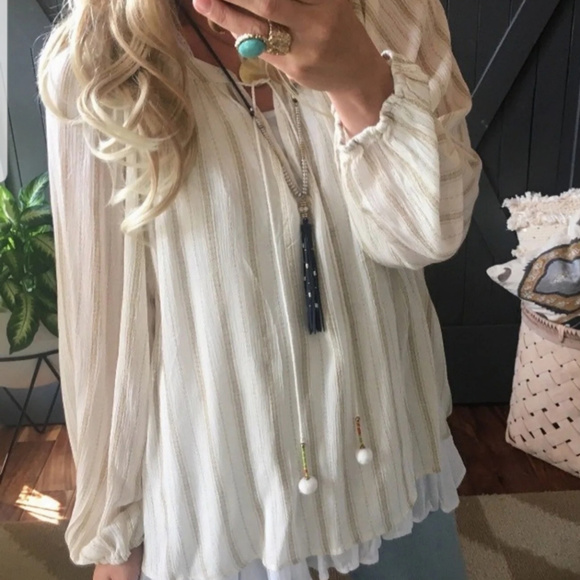 BOHO PEASANT LONG SLEEVE PINSTRIPE PLUS SZ BLOUSE - Picture 1 of 4